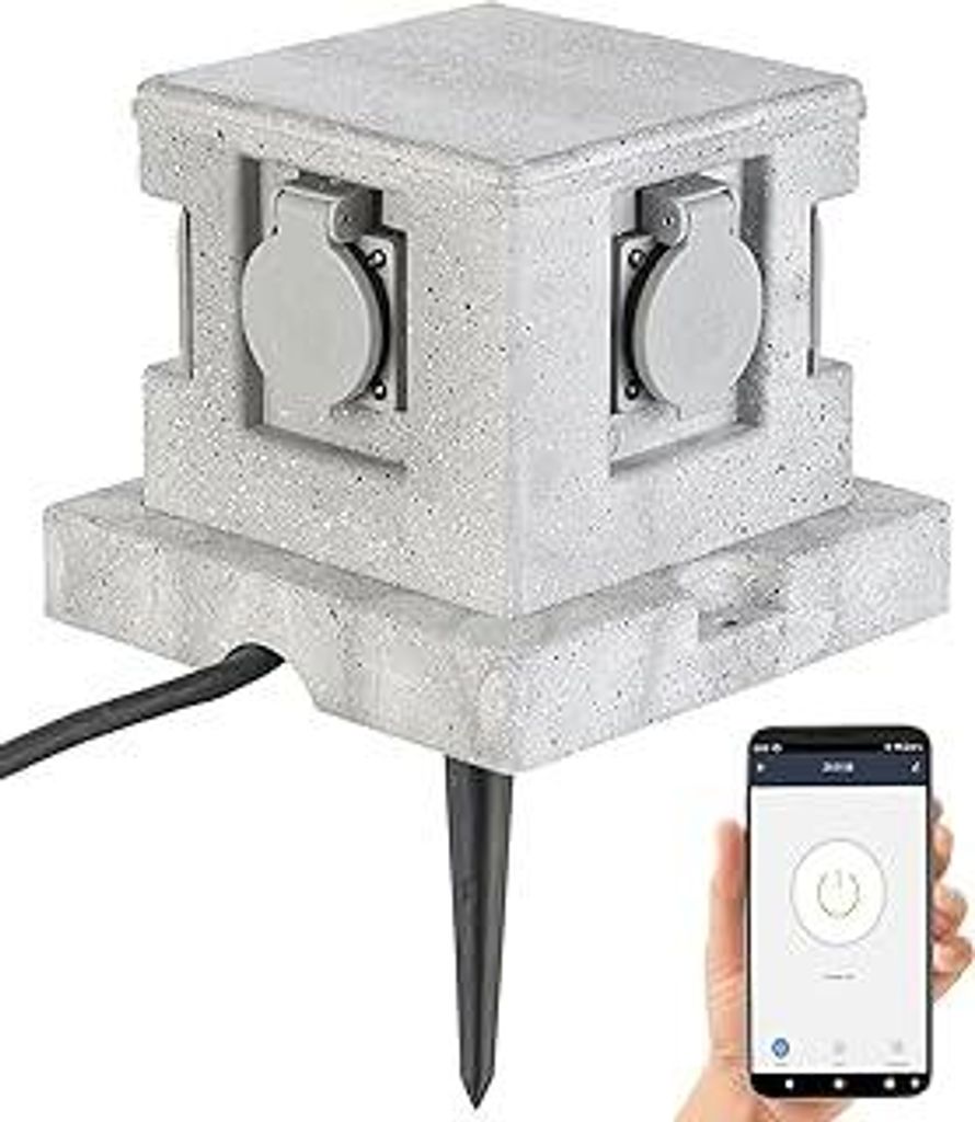 Royal Gardineer Steckdosenstein: 4-Fach-WLAN-Garten-Steckdose, App, Sprachbefehl, 16 A, 3.680 W, IP44 (Gartensteckdose WLAN, Außensteckdose Stein ...