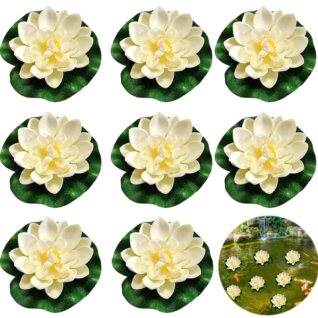 Nénuphar Artificiel Blanc 10cm - Fleur de Lotus Flottante pour Bassin