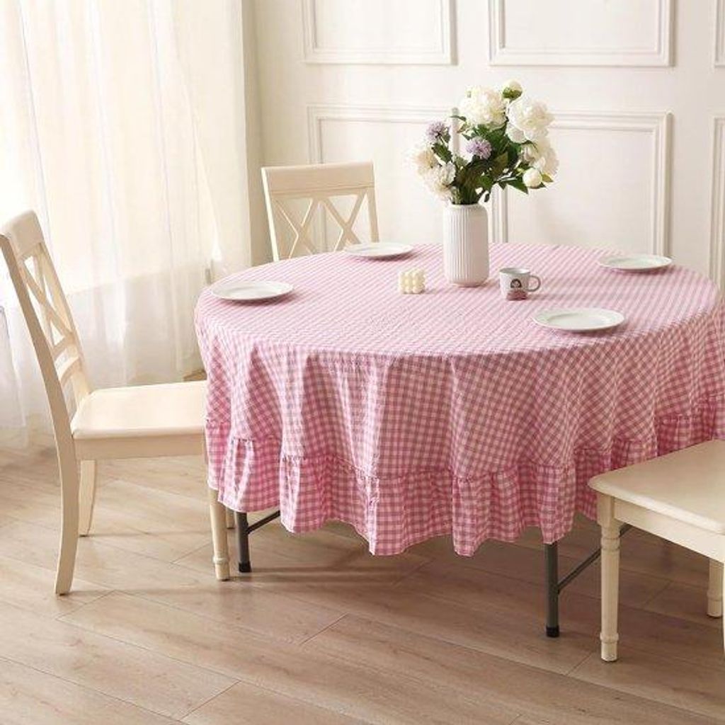 Katoen tafelkleed in roze en wit ruitjespatroon, 180 cm in diameter, landelijke stijl.