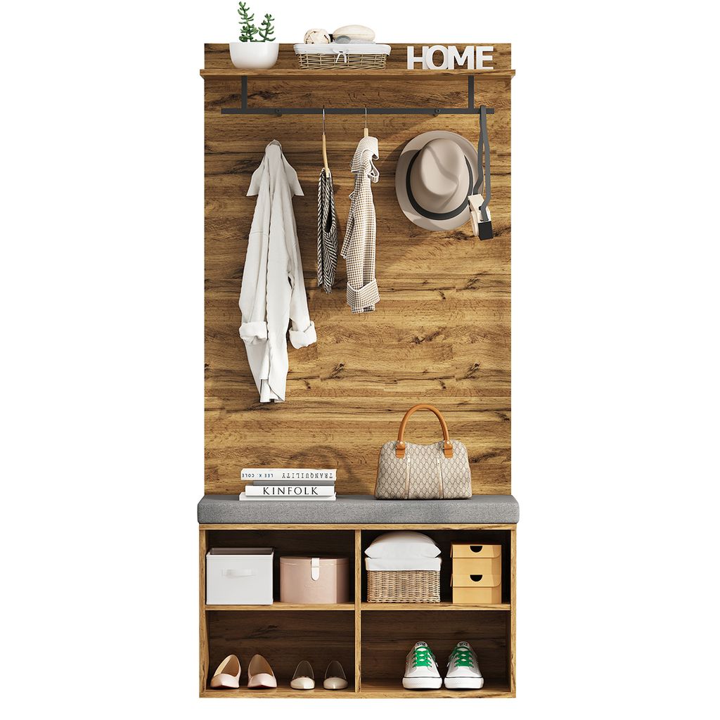 Garderobenset in Holzoptik mit Schuhbank verstellbarem Regal Kleiderstange Kleiderschrank Flurmöbel 84 x 32 x 175 cm