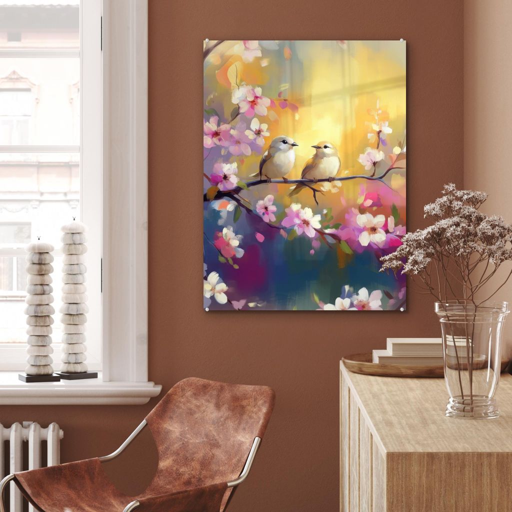 MuchoWow Glasbilder - Bilder auf Wandbild - Foto auf Glas Vögel - Blumen - Rosa 60x80 cm Wanddekoration aus Glas - Acrylglasbild - Acrylbilder - Foto