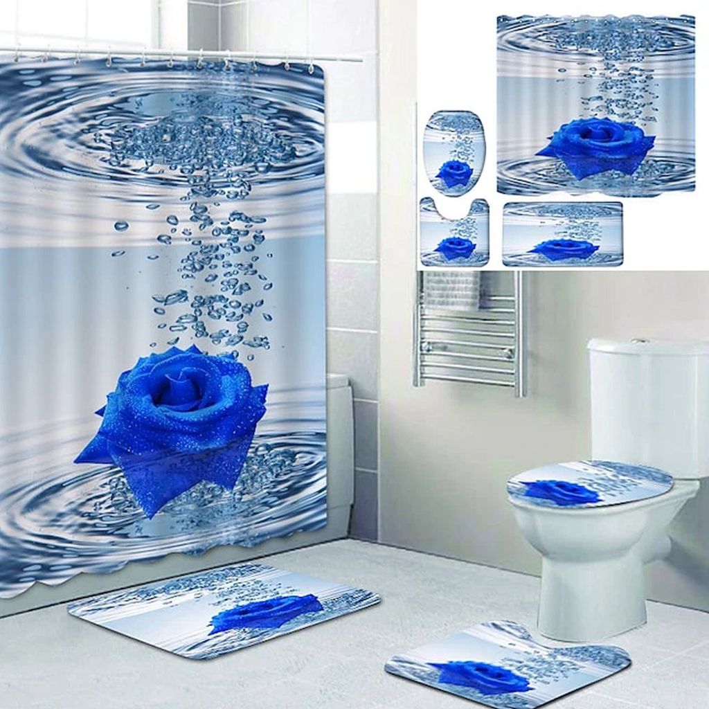 4-teiliges Badezimmer-Set – Duschvorhang | matt | Toilettenmatte und Toilettendeckelabdeckung - blaue Blume