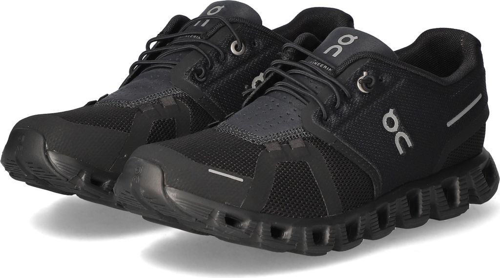 A pair of black ON CLOUD 5 running shoes.
