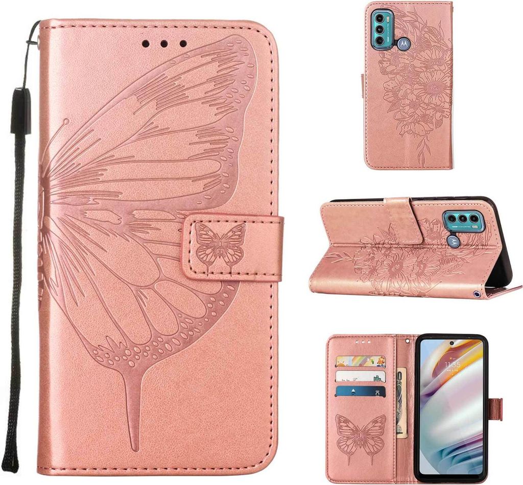 Moto G40 Hülle, Schmetterling Prägung Flip Leder Kartenfächer Schutzhülle Ledertasche mit Ständer für Motorola Moto G40 / G60 Roségold