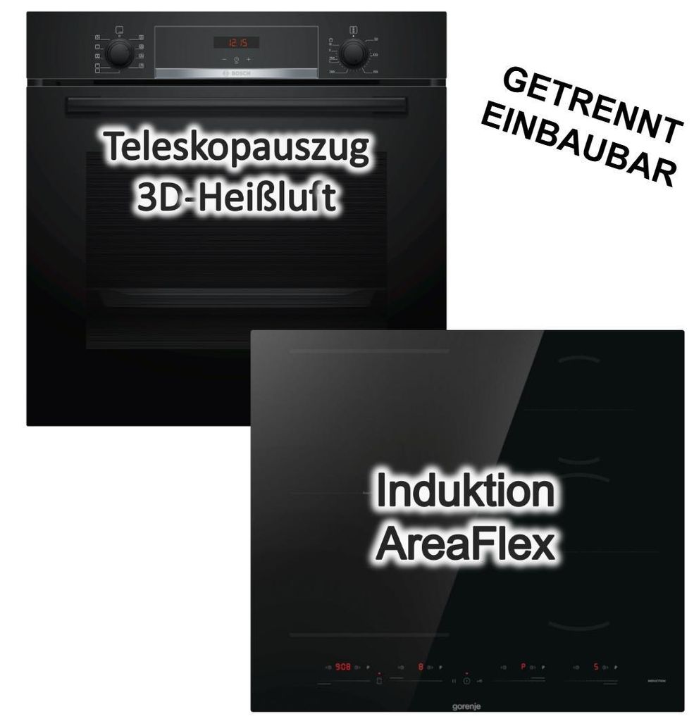 Herdset Bosch Backofen Hydrolyse 3DHeißluft Teleskopauszug + Induktionskochfeld AreaFlex PowerBoost Touch