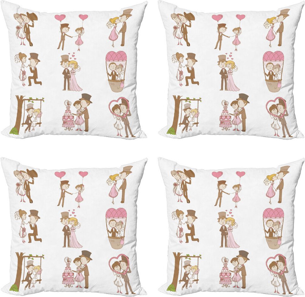 ABAKUHAUS Hochzeit Kissenbezug Set (4 Stück), Wedding Set-Braut-Bräutigam, Moderner Doppelseitiger Digitaldruck, 60 cm x 60 cm, Braun, Rosa, Weiß