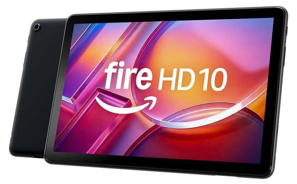 A black Amazon Fire HD 10 tablet is shown at an angle against a black background. The screen displays a colorful abstract image with the "fire HD 10" logo and an Amazon smile logo.