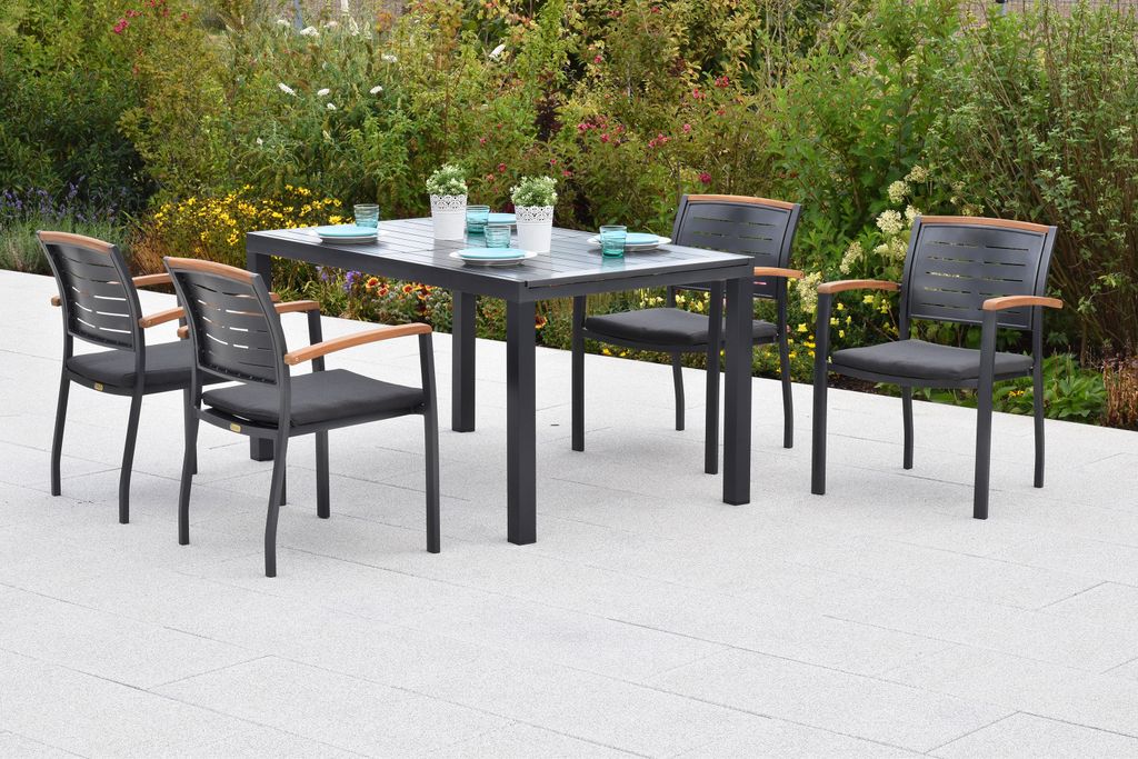 Merxx "Tinos" Gartenmöbel Set 9tlg., 4 Stapelsessel, 4 Sitzkissen, Ausziehtisch 150 (200) x 90 cm, Aluminium