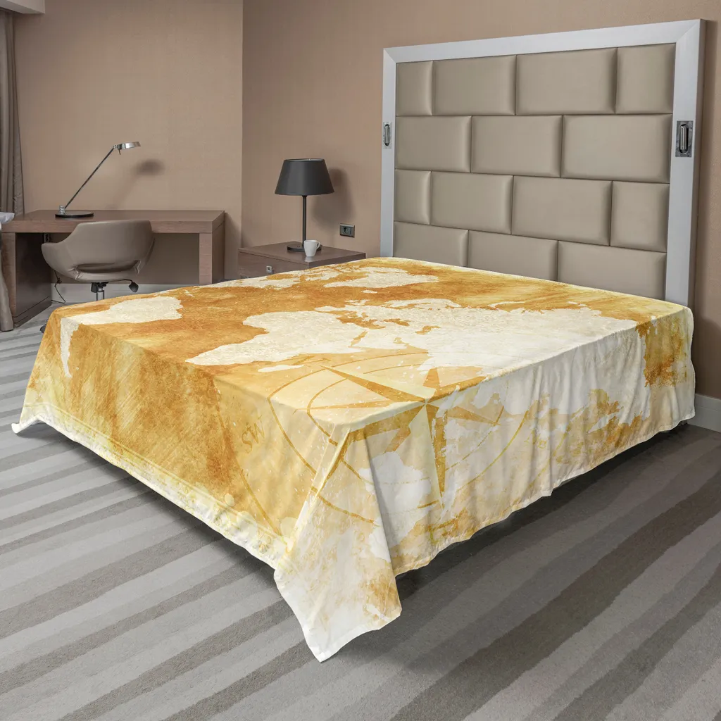 Drap de lit décoratif en tissu doux Compass, carte du monde rétro tan