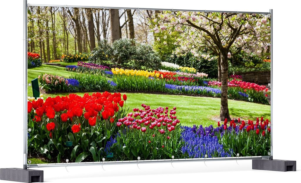 Wallario XXL Outdoor-Poster für Garten oder Balkon, Motiv Bunte Blumen und Kirsch-Baum im Park blühen im Frühling, in ca. 340 x 173 cm