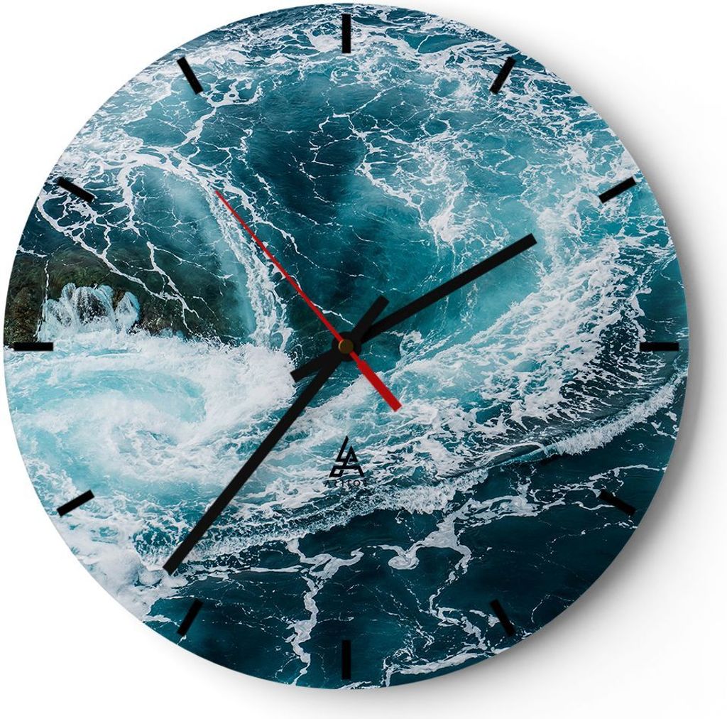 Wanduhr - Rund - Glasuhr - Wasser Stein Welle - 40x40cm - Schleichendes Uhrwerk - Lautlos - zum Aufhängen bereit - Dekoration Modern - Wanddekorat...