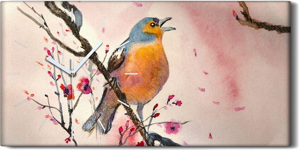 Wandbild Leinwand Bilder mit Uhr 60x30 Gemälde Zweig Blumen Tier Vogel Kunst - weiße Hände
