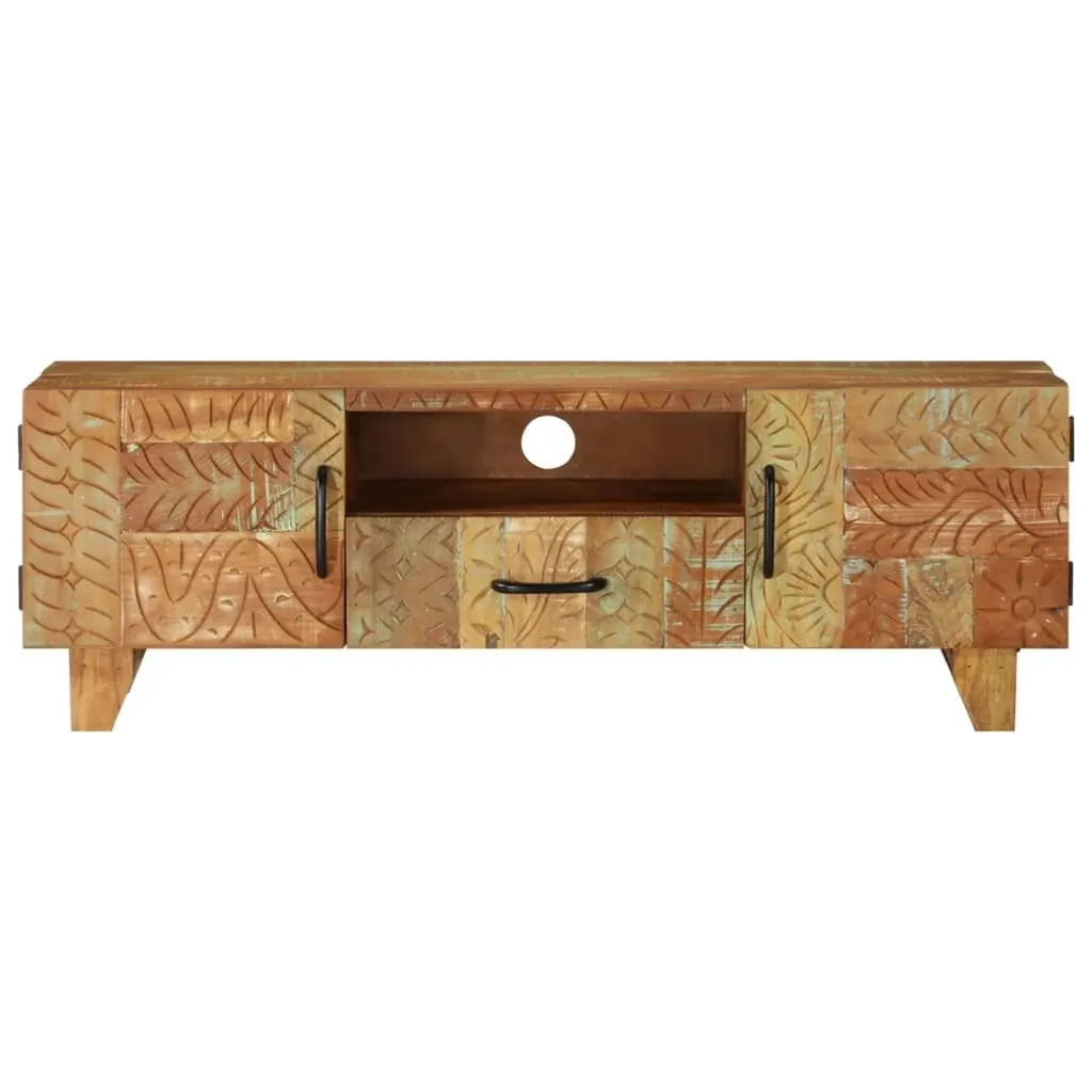 Support TV 120 cm pour salon rustique bois massif et motifs sculptés