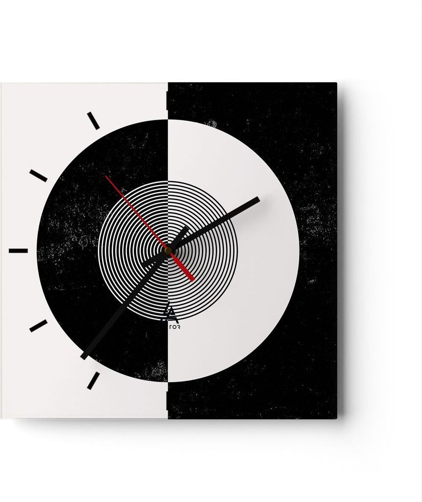 Wanduhr - Quadrat - Glasuhr - Abstraktion Rad Schwarz und Weiß - 30x30cm - Schleichendes Uhrwerk - Lautlos - zum Aufhängen bereit - Dekoration Mo...
