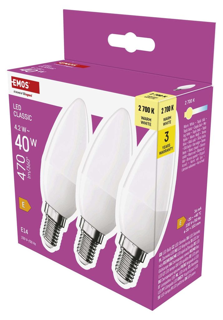 EMOS LED Lampe Candle 3er Pack, 4,2W Ersatz für 40W, Kerzenlampe mit E14 Sockel, Helligkeit 470 lm, Warmweiß 2700K, 30000h Lebensdauer, ZQ3E21.3
