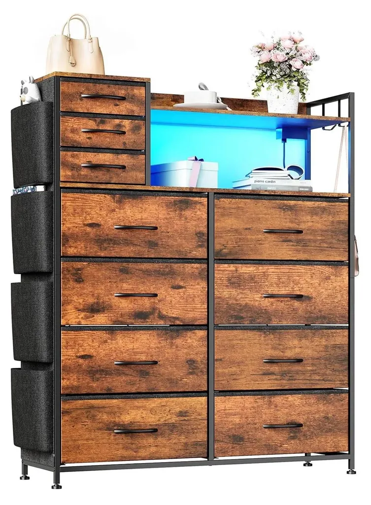 Commode LED et Prise Intégrée avec 11 Tiroirs - Structure Robuste Marron