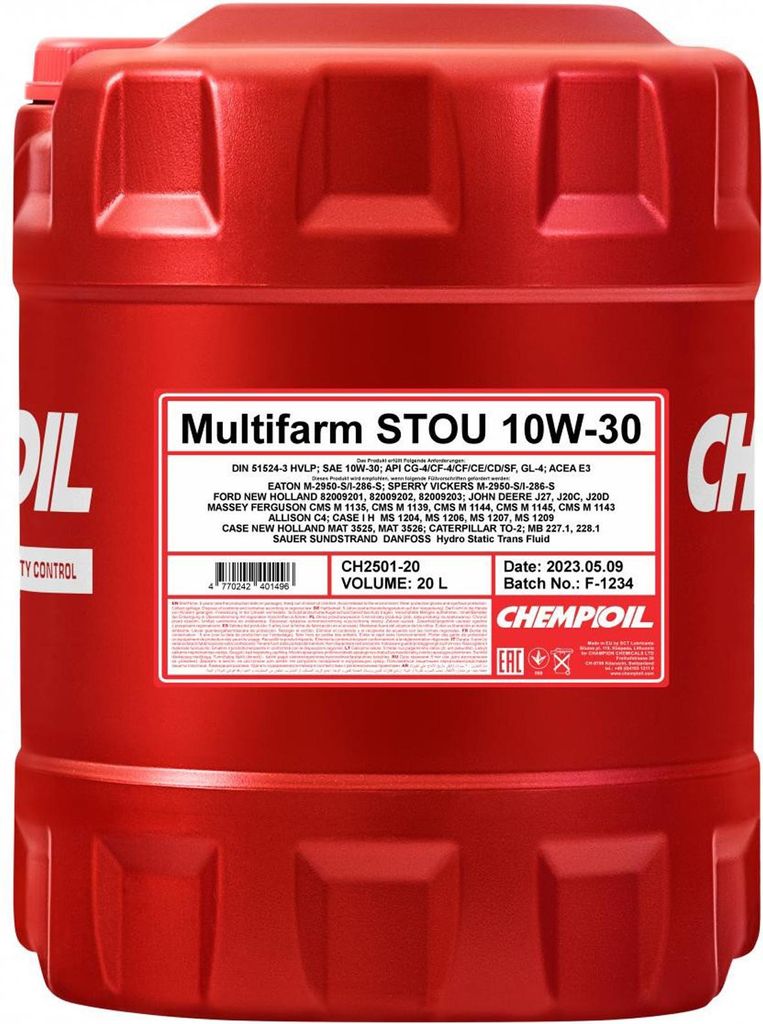 CHEMPIOIL Multifarm STOU für 10W-30 20 Liter Motoröl Motorenöl 227.1 228.1 CATERPILLAR TO-2 ESN-M2C86-B ESN-M2C86-C JOHN DEERE J20C JOHN DEERE J...