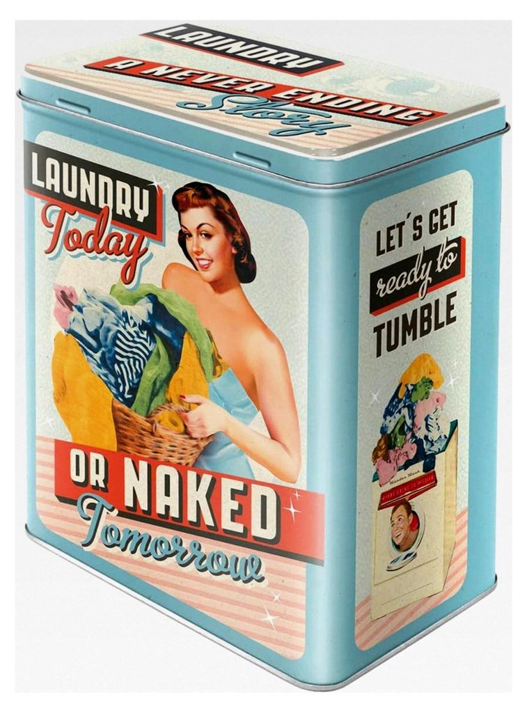 Vorratsdose im Retro-Stil, 3 l, Laundry Today or Naked Tomorrow – Geschenkidee für Nostalgiefans, große Blechdose im Vintage-Design