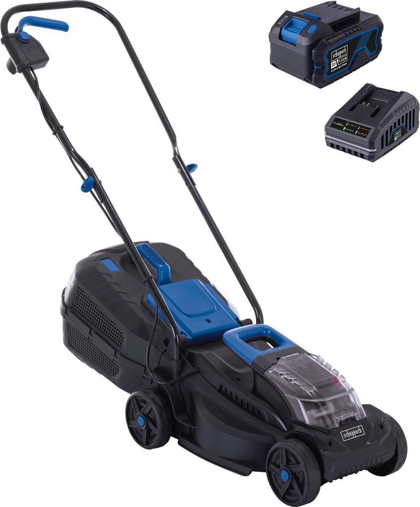 A cordless lawnmower with two batteries and a charger, presented against a white background.