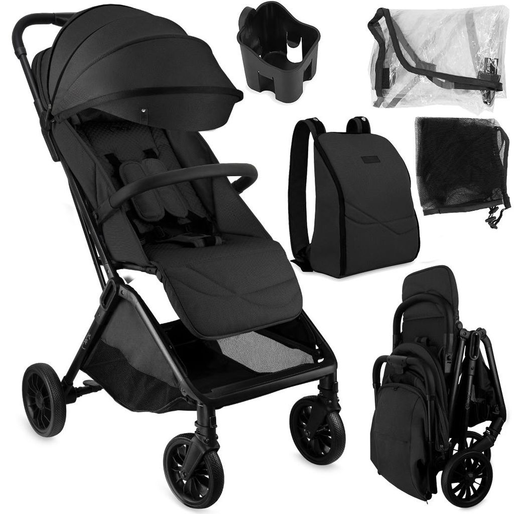 A collage of images showing a black baby stroller and its accessories.