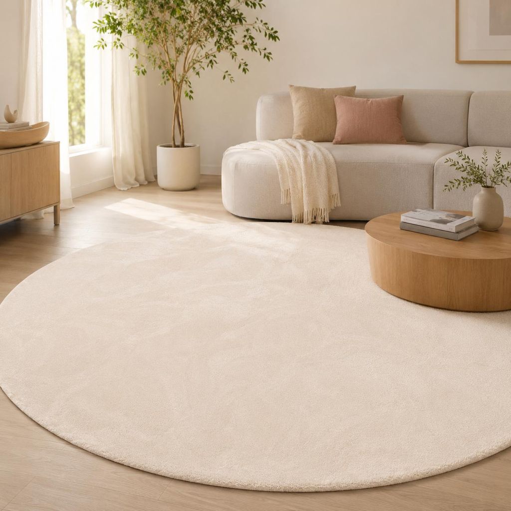 Luxus Super Soft Kunstfellteppich Pearl Creme Rund, Produktbild  KI-generiertes Bild