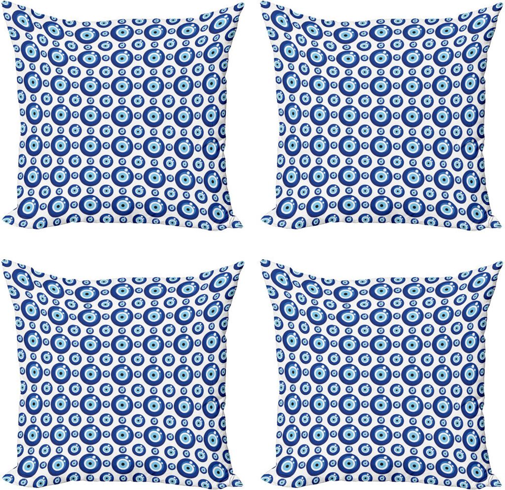 ABAKUHAUS Evil Eye Kissenbezug Set (4 Stück), Symmetrisch, Moderner Doppelseitiger Digitaldruck, 40 cm x 40 cm, Blau Hellblau Weiß