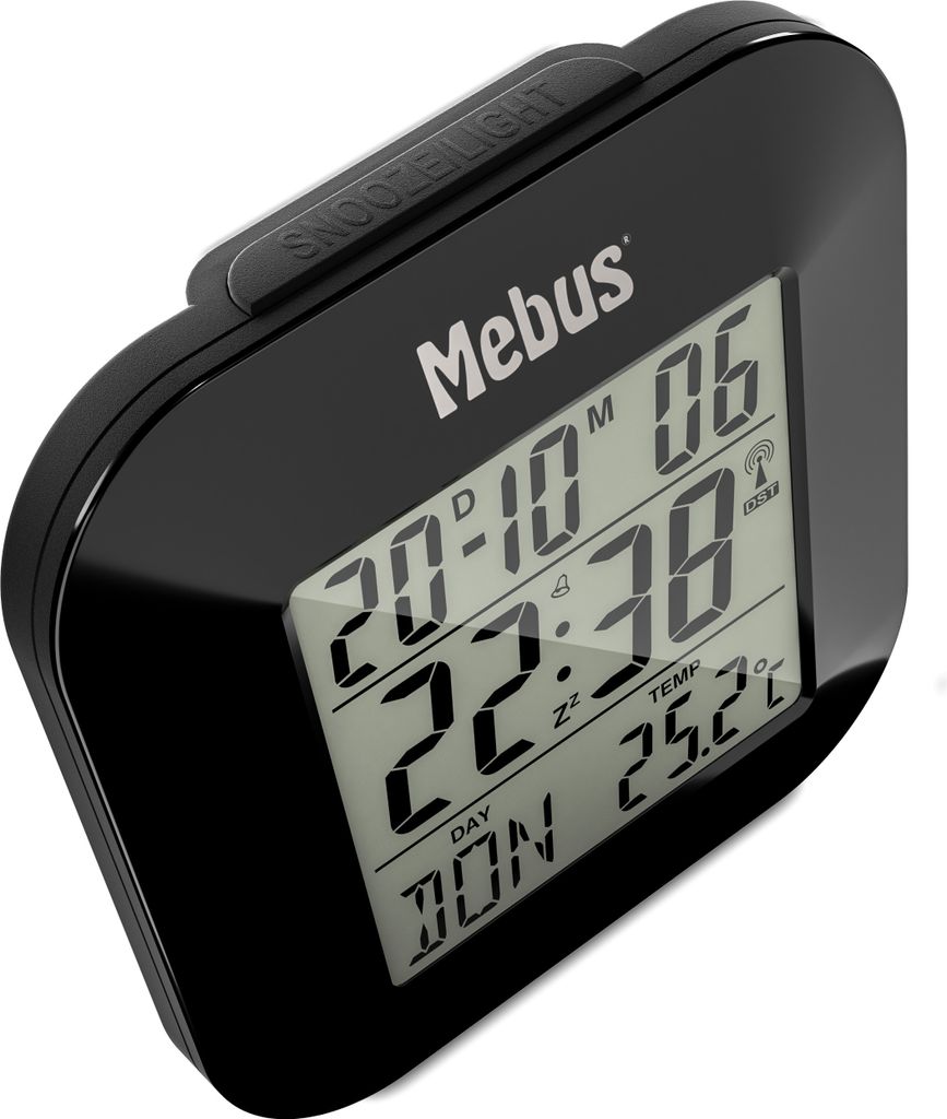 A black digital alarm clock with a display showing time, date, and temperature.
