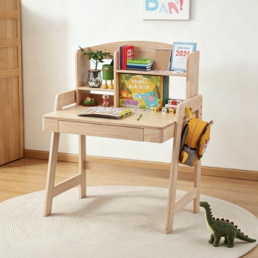 AIORBER Höhenverstellbarer Kinderschreibtisch aus Massivholz mit Schublade, Stauraum & Seitenhaken für Kinder ab 6 Jahren Natur