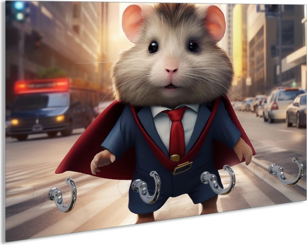 Wallario Schlüsselbrett aus Glas, Motiv: Super-Hamster, 30 x 20 cm mit 4 Haken