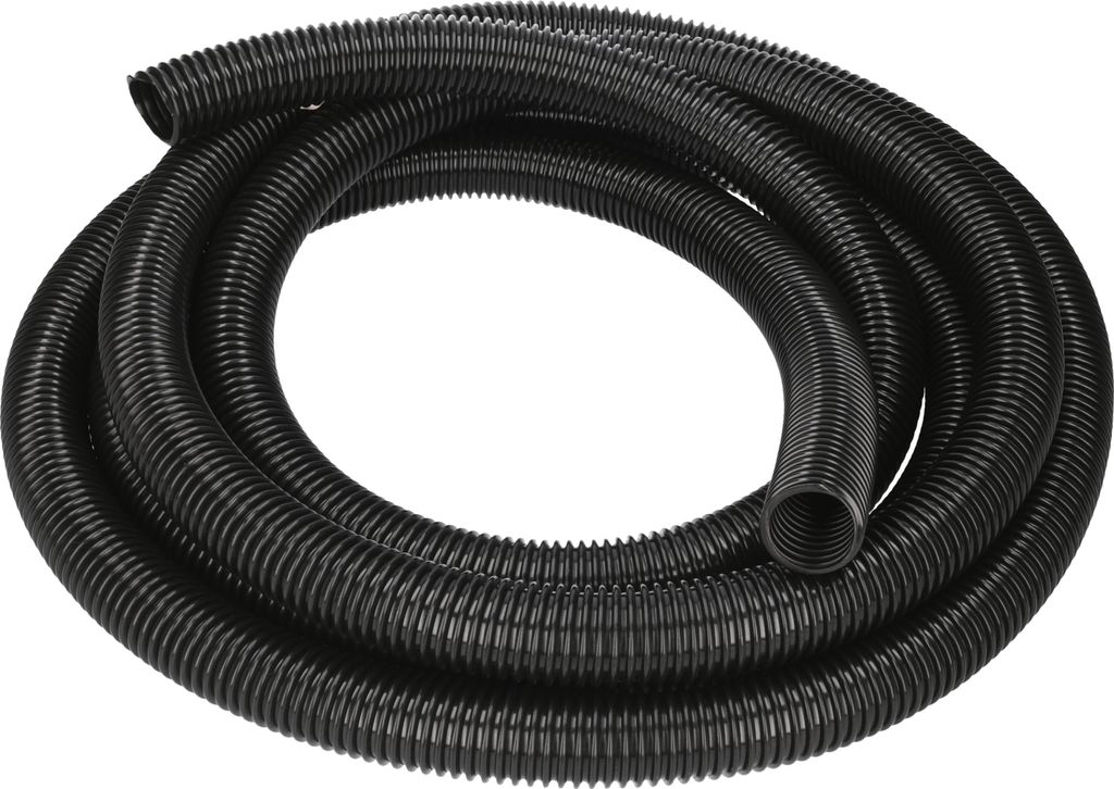 A coiled black flexible hose on a white background.