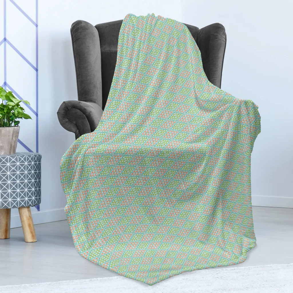 ABAKUHAUS Coperta in morbido pile di flanella con motivi floreali, motivo geometrico a rombi in stile tribale con colori pastello, 175 x 230 cm, verde acqua chiaro multicolore - 2