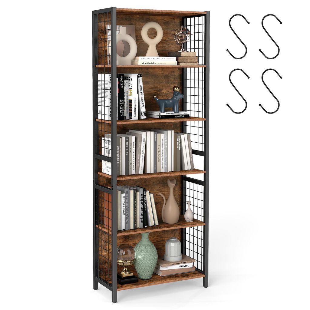 A tall, five-shelf bookshelf with a rustic wood finish and black metal frame, filled with books and decorative items.