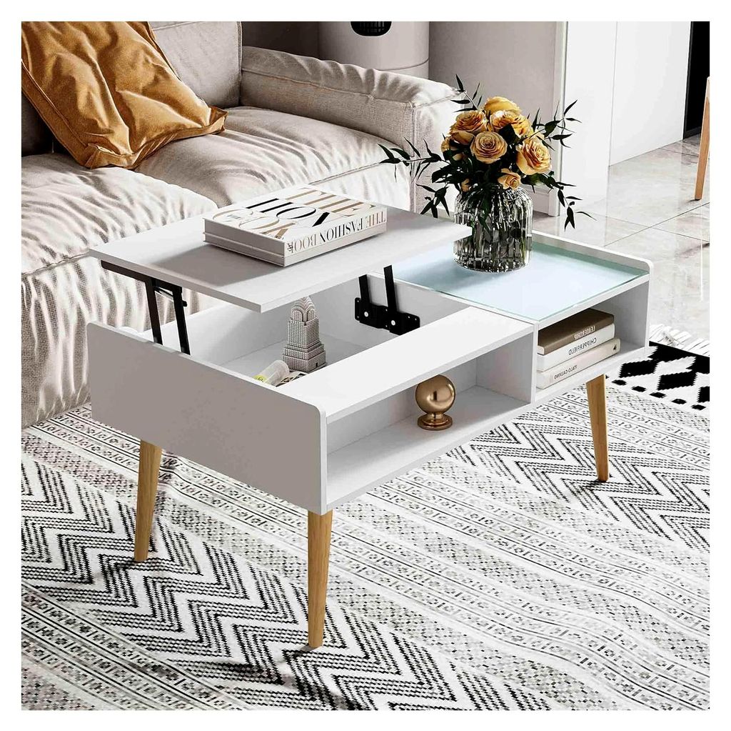 Ausziehbarer Couchtisch mit höhenverstellbarer Platte und verstecktem Stauraum - Kaffeetisch aus Holz und Glas für das Wohnzimmer