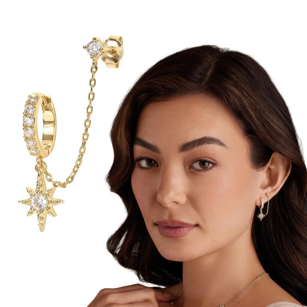 Damen Ohrringe Goldfarben asymmetrisch mit Kette & Sternanhänger – Zirkonia Ohrschmuck elegant, modisch für Alltag & Geschenk, J0741