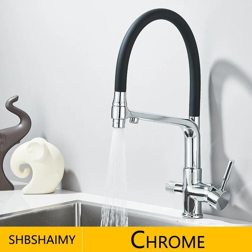 Küchenarmatur - Filter-Wasserhahn - 360° Schwenkbar - 2-Griff, Einloch, Deckmontage - Heiß/Kalt + Gefiltertes Wasser - Ausziehbrause - Chrom/Weiß