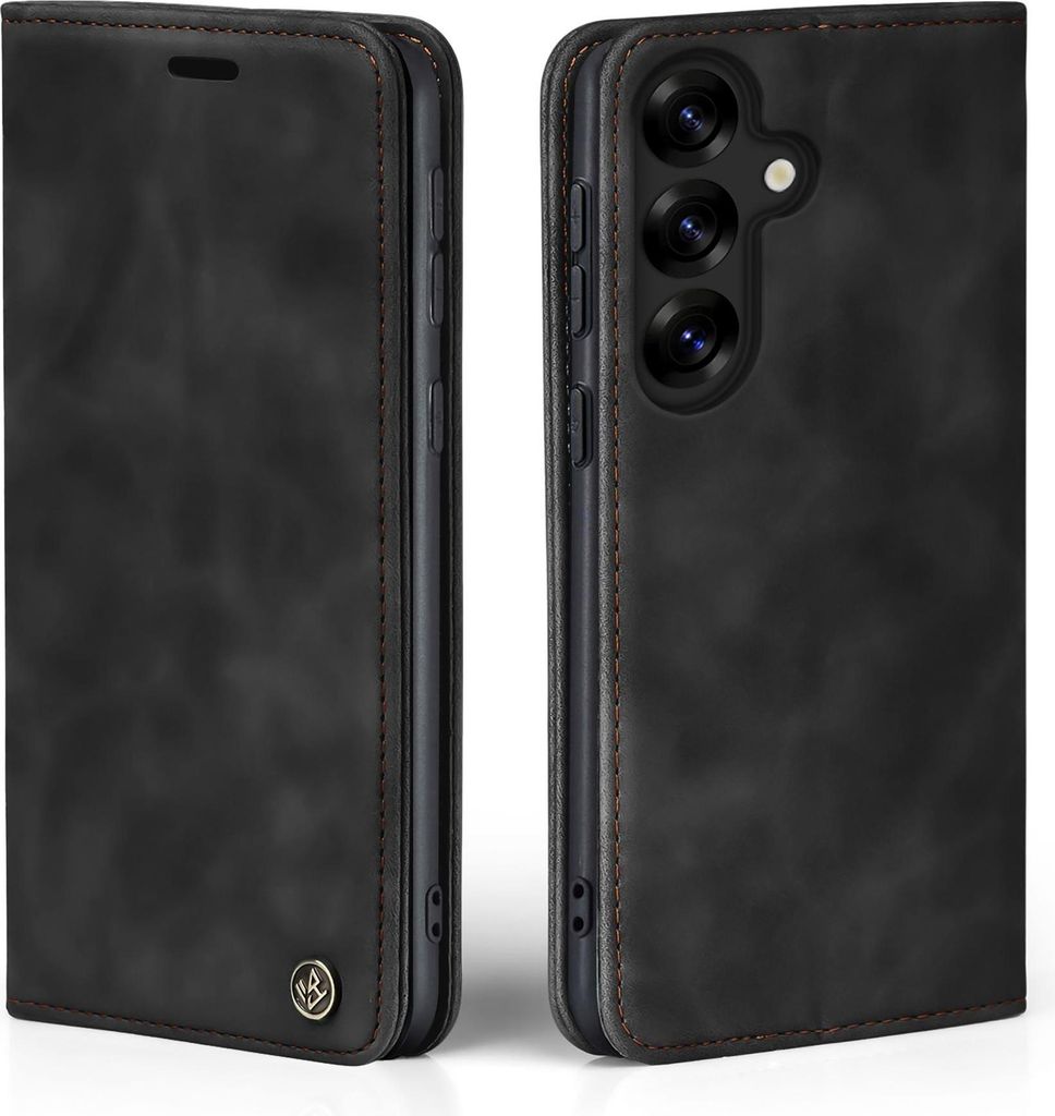 A black flip case for a smartphone is shown from two angles.