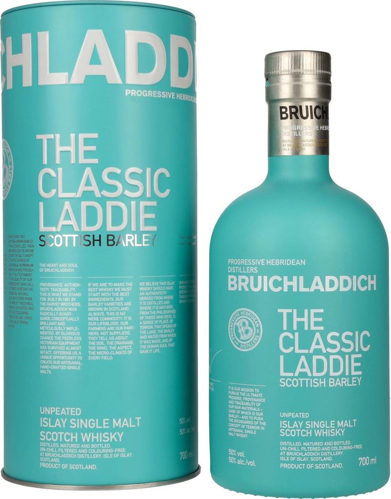 A bottle of Bruichladdich The Classic Laddie Scottish Barley Scotch Whisky and its cylindrical packaging, presented against a white background.
