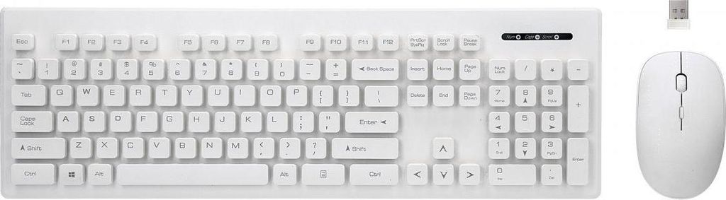 A white wireless keyboard and mouse set is displayed on a white background.