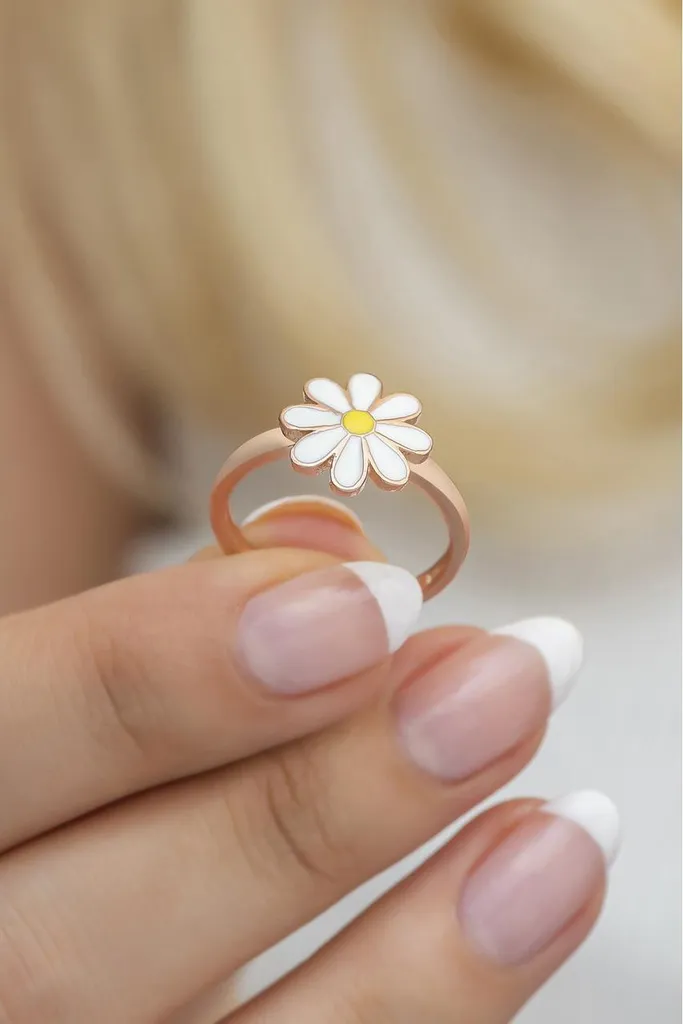 Bague Anneau Ajustable Motif Fleur de Marguerite Argent et Or Rose