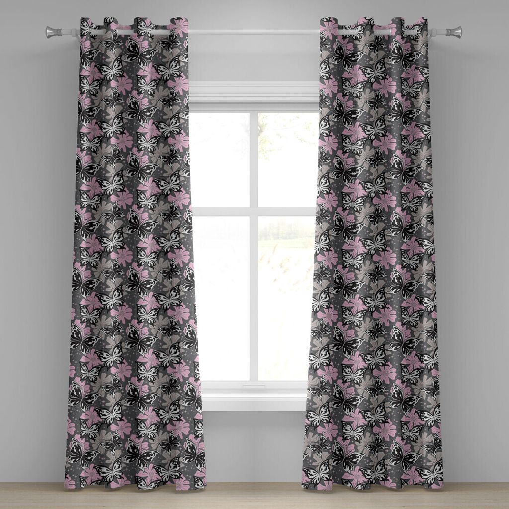 ABAKUHAUS Schmetterling Ösenvorhang, Dekorative romantische Sommer-Pflanzen-vibrierende Hintergrund-einfarbige Tiere, Dekorative 2-Panel-Fenstervo...