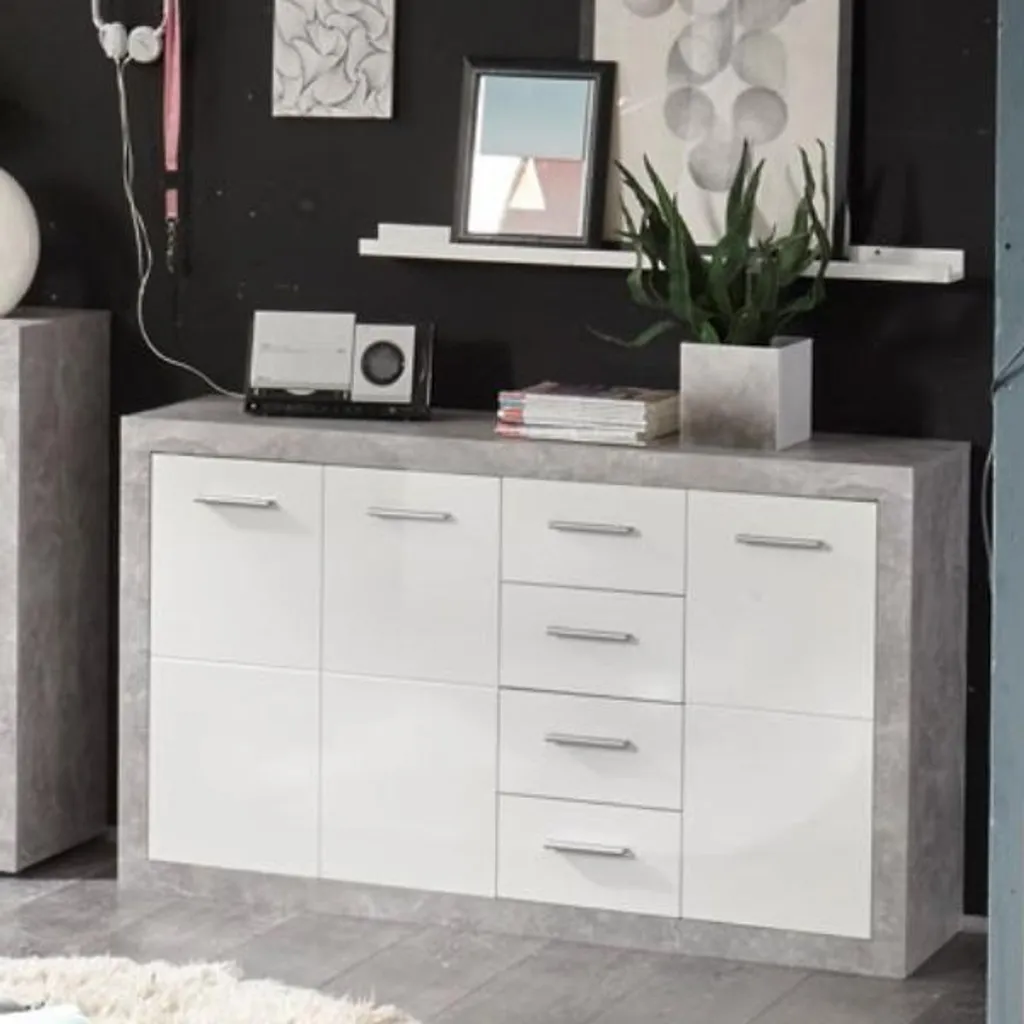 Buffet laqué blanc brillant style industriel béton avec rangements - 13