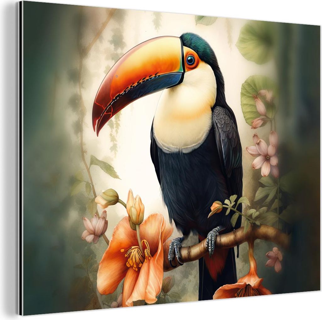 MuchoWow Wanddekoration Metall Metallbild Wandkunst 80x60 cm Tukan - Vogel - Blumen - Pflanzen MuchoWow Aluminium Gemälde - Alubild