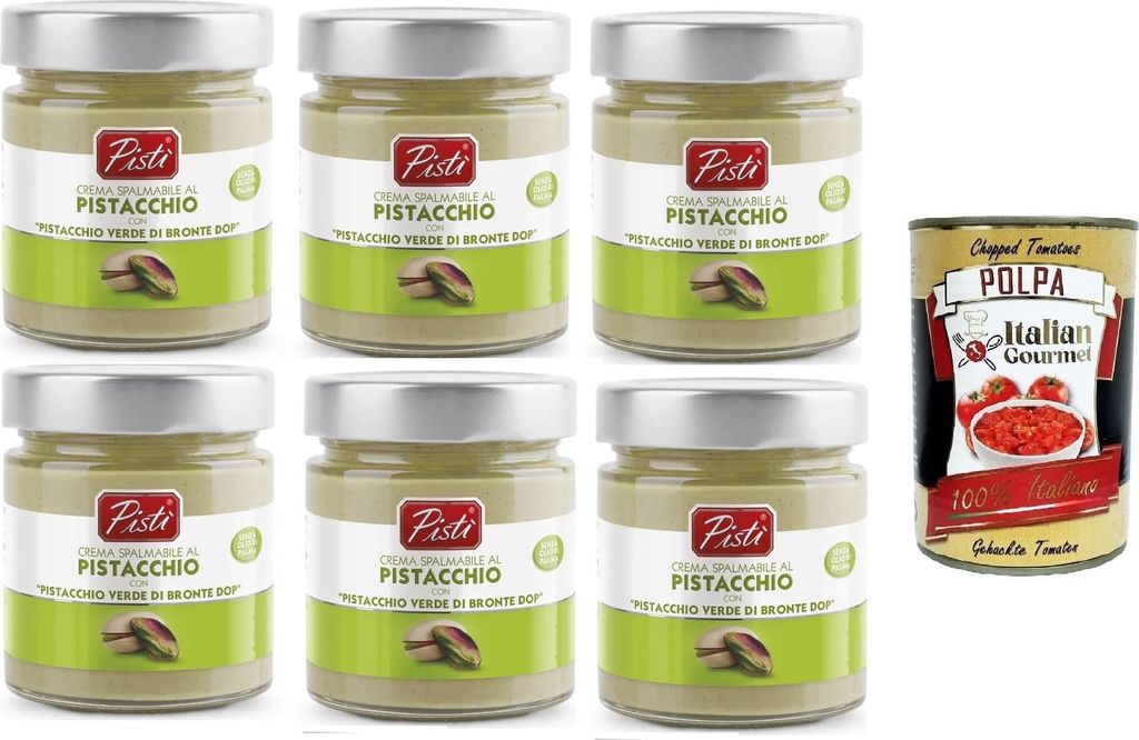 Pistì Crema Spalmabile al Pistacchio con "Pistacchio Verde di Bronte Dop" Pistazien-Aufstrichcreme mit „Grünen Pistazien von Bronte Dop“ 6x20...