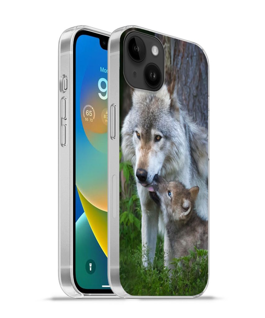 MuchoWow Handyhülle Schutzhülle Hülle für Apple iPhone 14 Plus - Soft case Wolf - Moos - Wald - Welpe Silikon Softcase Handy Hülle - Abbildung