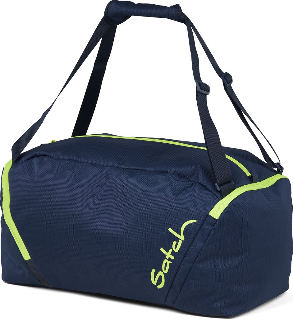 A navy blue duffel bag with lime green accents and branding.