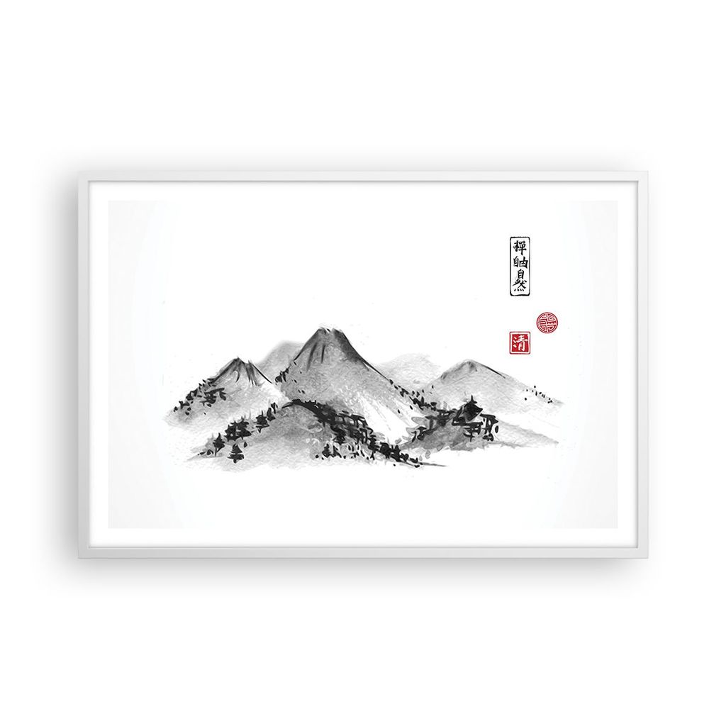 Gerahmtes Poster - Weißer Rahmen - Zeichnen Asien Berge - 91,5x61 cm - Wand Bild - Wanddeko - Wandbilder - Kunstposter - Wandposter - Bilderrahmen...