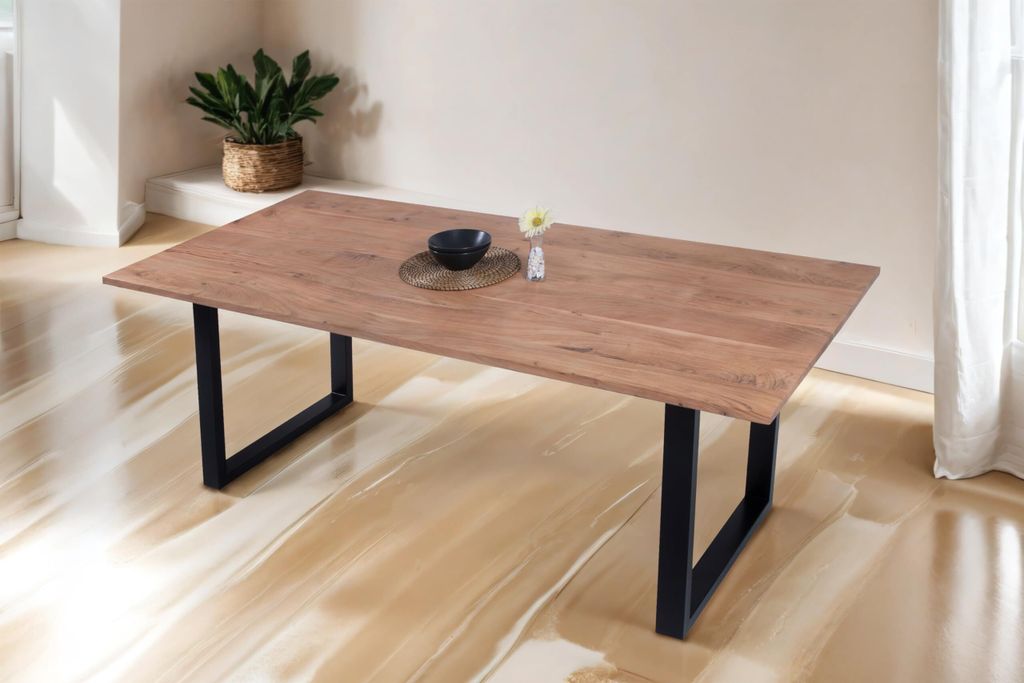 Esstisch 240x100 cm Porto, Akazienholz massiv + naturfarben, Esszimmertisch mit gerader Kante, Holztisch mit schwarzem U-Gestell, Industrial-Design...