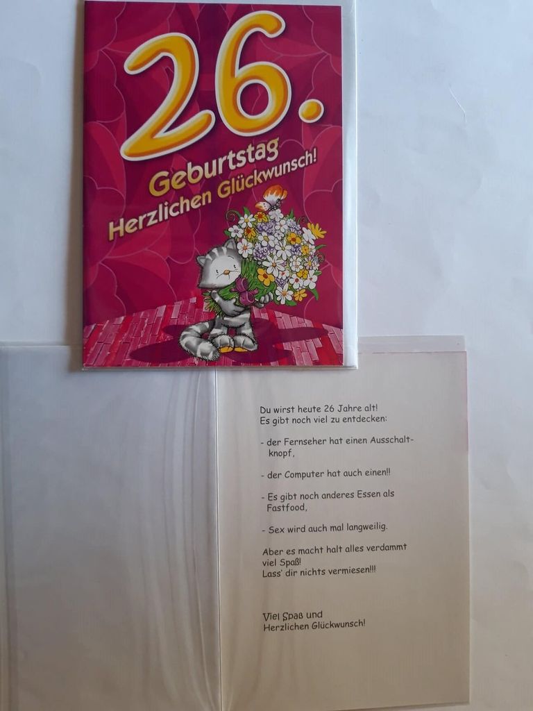 1 Glückwunschkarte, 26. Geburtstag, Doppelkarte m. Umschlag, Katze Blumenstrauß