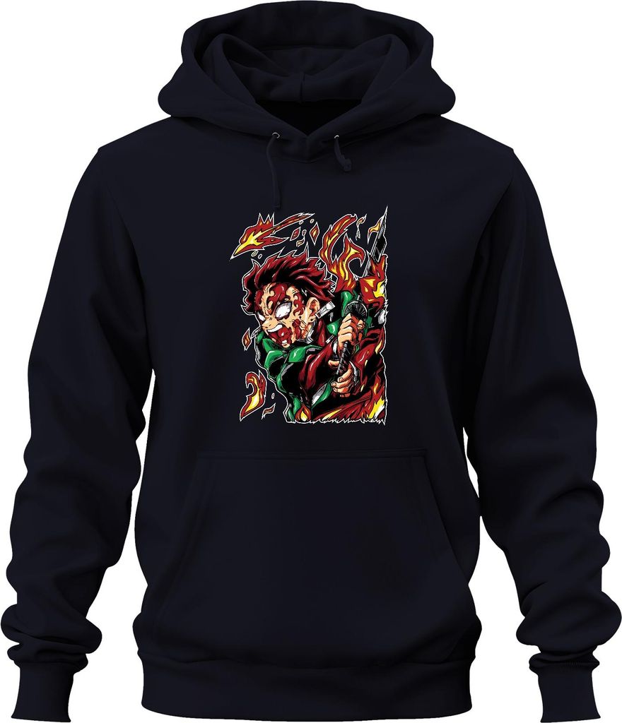 Dämonenjäger Samurai Katana Feuer Anime Geschenk Japan Y2K Streetwear Uni Hoodie Kapuzenpullover, Navy, XXL