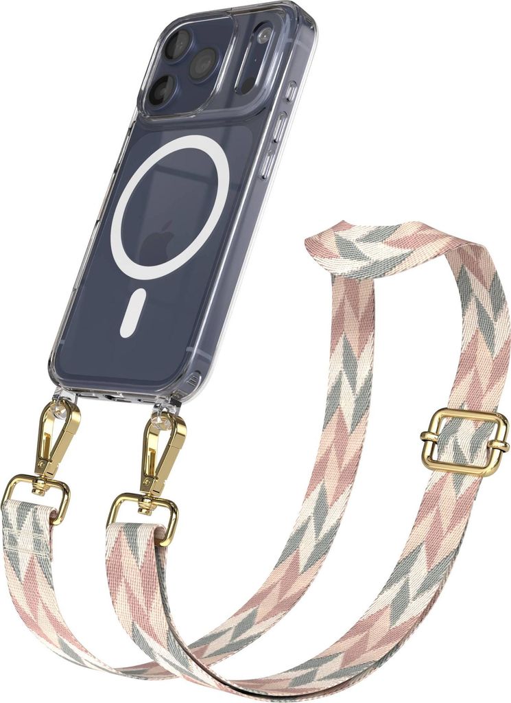 EAZY CASE - Handykette mit MagSafe Hülle für Apple iPhone 17 Pro, Handyband Mix Style, Karabiner Gold, Umhängeband in Grün